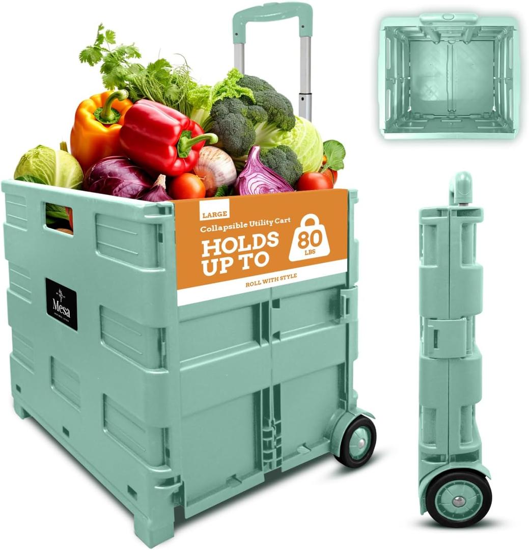 Inspired Living Ultra-Slim Rolling Collapsible Storage Pack-N-Roll Utility-carts, with Telescopic Handle, for Home, Garden, Shopping, Office, School use, Large, Mint