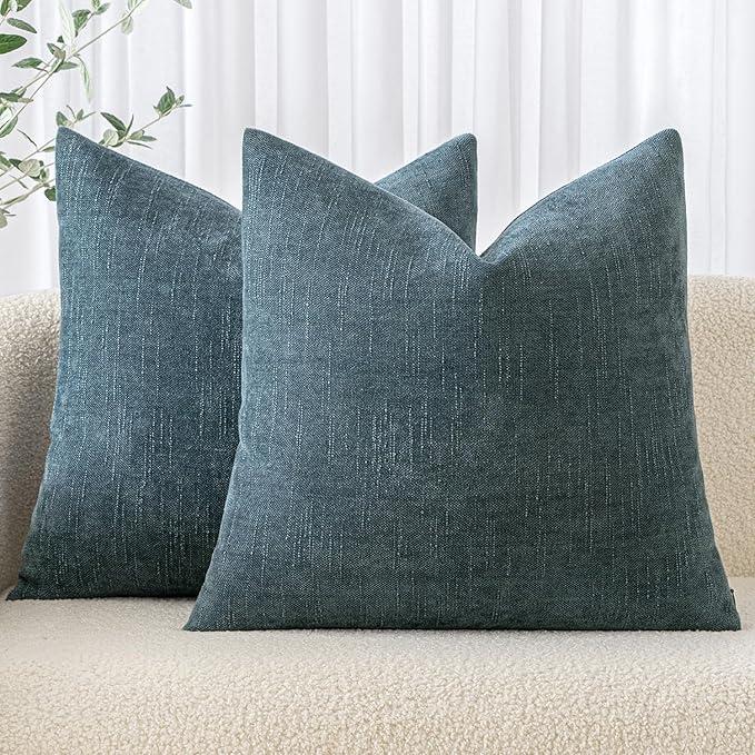 MIULEE Pack of 2 Decorative Throw Pillow Covers Soft Chenille Throw Pillows Solid Textured Euro Cushion Covers for Couch Sofa Bedroom Living Room 24x24 Inch, Smoke Blue
