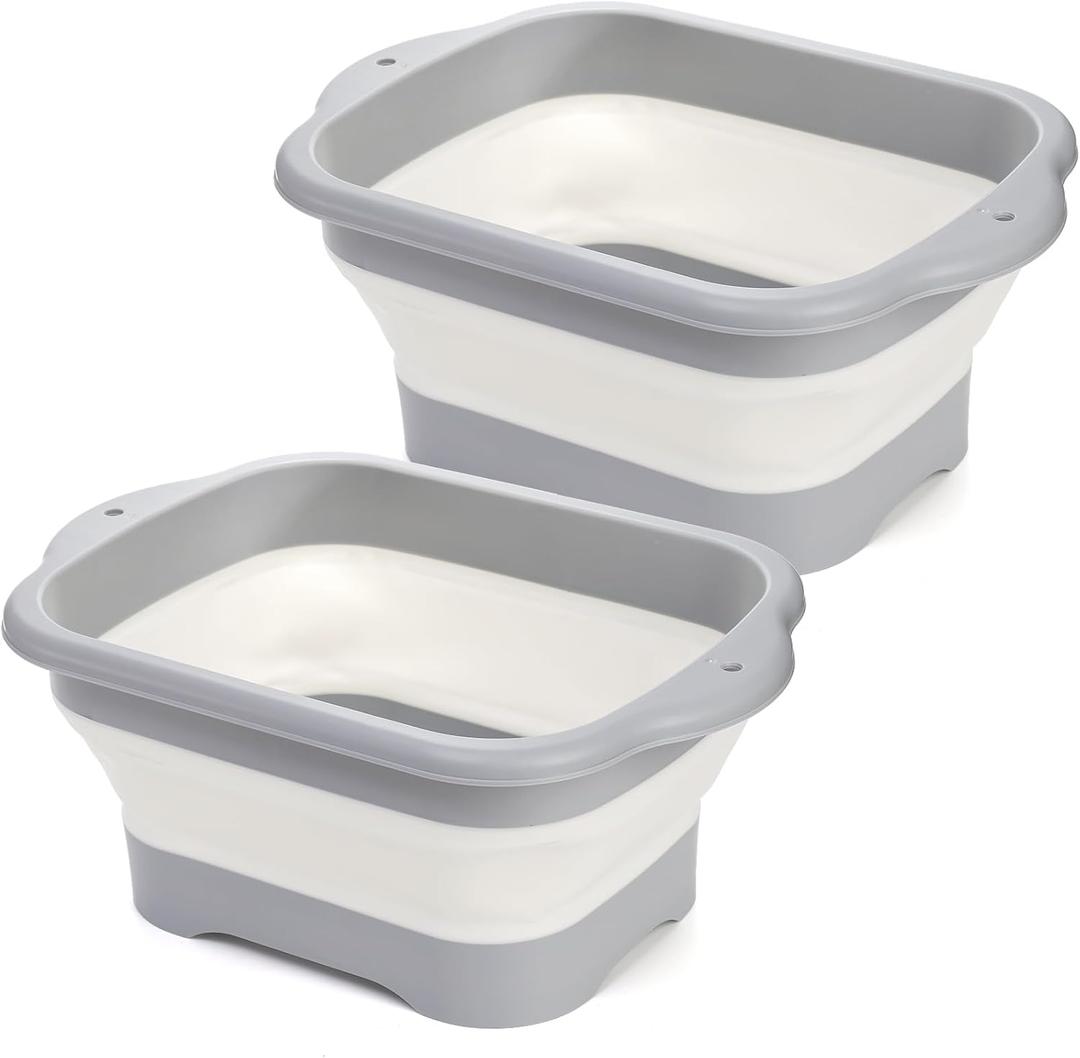 Nicunom 2 Pack Collapsible Wash Basin, 11L Large Collapsible Dish Tub with Drain Plug 3 Gallons Portable Sink Dish Basin Foldable Dishpan Space Saving for RV, Camping Dish Washing Tub