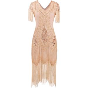 MISSCHEN Women's 1920s Art Deco Fringed Sequin Dress Gatsby Costume Dress with Sleeve YLS018 (X-Large, Rose Gold)