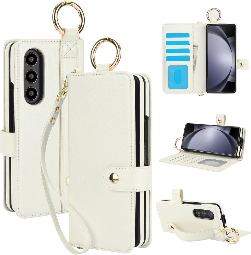 Asuwish Phone Case for Samsung Galaxy Z Fold 4 5G 2022 Wallet Cover with S Pen SPen Slot Credit Card Holder Stand RFID Blocking Slim Wrist Strap Cell ZFold4 Z4 Fold4 4Z ZFold45G Women Men Off White