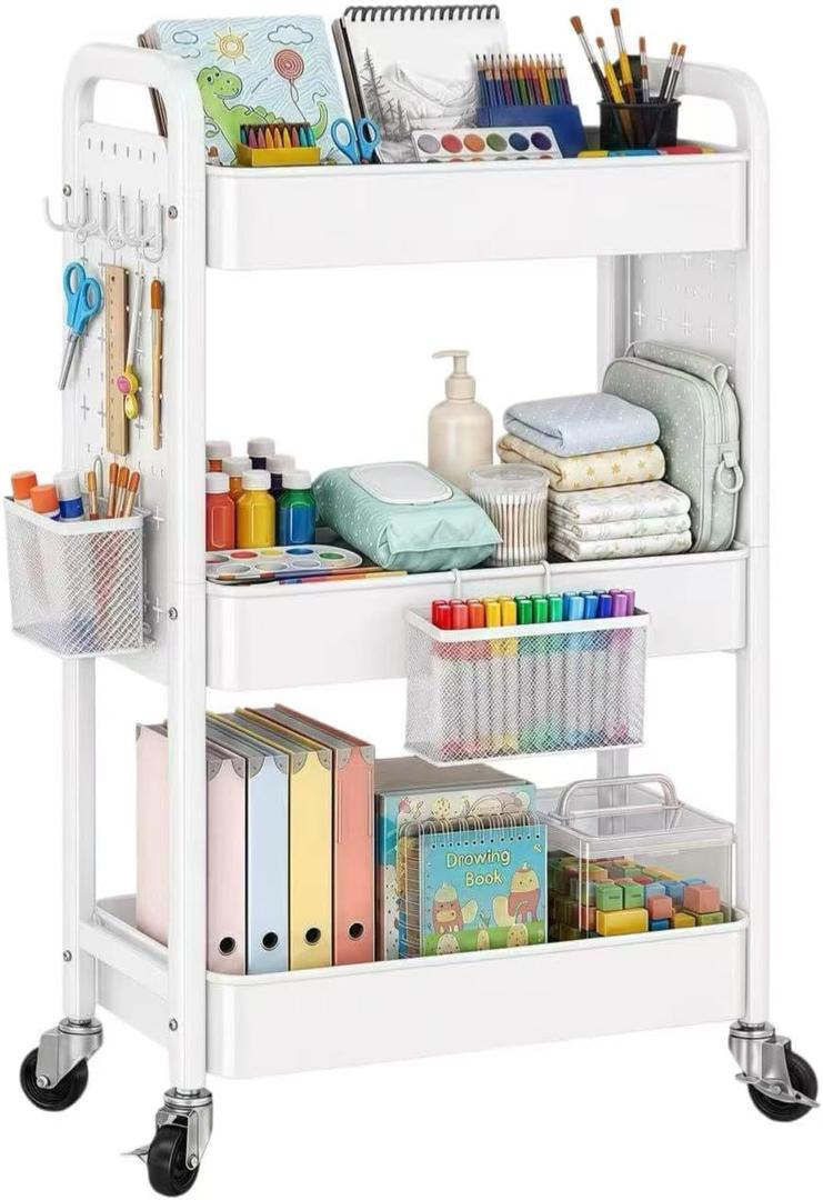 3 Tier White Rolling Storage Cart Metal with DIY Pegboard and Wheels