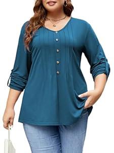 Beauhuty Plus Size Tops for Womens V Neck Tunic Pleated Front Trendy Shirts Casual Flowy Dressy Blouses Long Roll up Sleeves(02 Blue, 3XL)