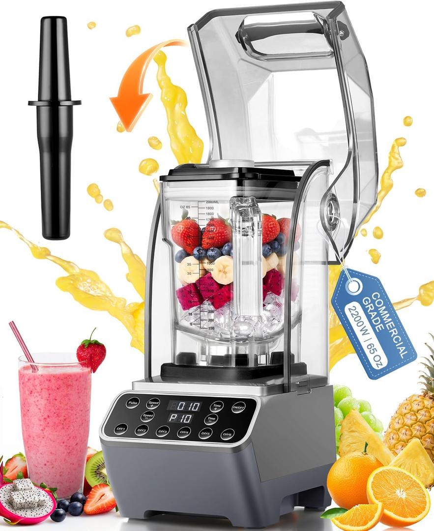 MOGAN Blender for Smoothies, 2200W Professional Countertop Blenders, 65oz | DIY Programmable Kitchen Juice Mixer with Sound Shield, Low Noise, 10-Speed, 6 Blades, Food Processor for Commercial Home Use