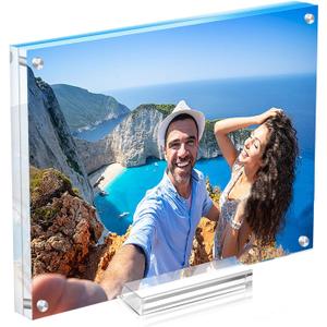 8x8 Square Acrylic Picture Frame with Magnetic, Frameless Double Sided Clear Frame with Base, Floating Lucite Transparent Photo Frame for Tabletop Display with Exquisite Package