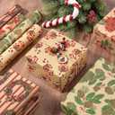 RUSPEPA Kraft Christmas Wrapping Paper Set, Jumbo Roll, Vintage Red Bow, Wreath, Poinsettia, Pine Cone & Candy Cane Design Gift Wrap for Xmas Rustic Holiday, 4 Rolls, 30 Inches x 10 Feet per Roll