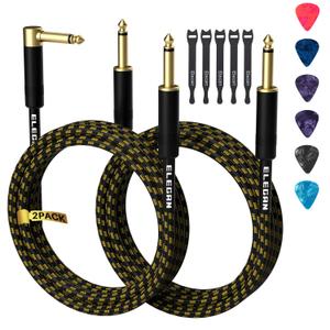 Guitar Cable 15 Feet/2 Pack-Right Angle+Straight to Straight Instrument Cable-Gold Plated Nylon Braided-90 Degree 1/4 Inch TS Electric Bass Guitar Cord Amp Cable 6.35mm Male with 6 Guitar Picks+5 Ties (15FT-2PK, Angled to Straight + Straight to Straight)