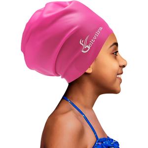 Extra Large Swim Cap for Kids Black Girls Aged 4 to 16 with Long Hair Braids Dreadlocks, Waterproof Silicone Swimming Hat Turban Hair Protection for Boys Toddler Children Youth (fuchsia)