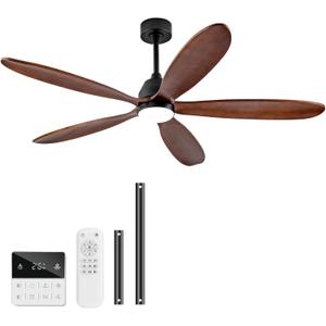 60 Inch Wood Ceiling Fans with Lights and Remote, Modern Outdoor Ceiling Fan with Light for Patio, Dimmable, Wall Switch, 5 Blades, Reversible DC Motor, Memory Function (Black Walnut)