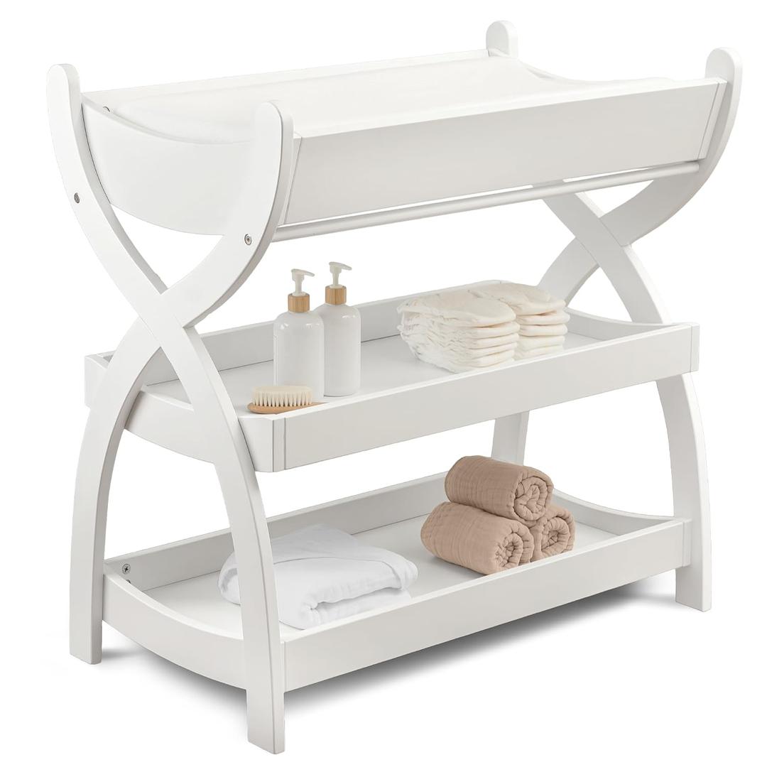 Comfy Cubs Baby Changing Table - Sturdy Wood Construction, Timeless Look Baby Change Table with Two Open Shelves for Infant Daycare Essentials Storage - White