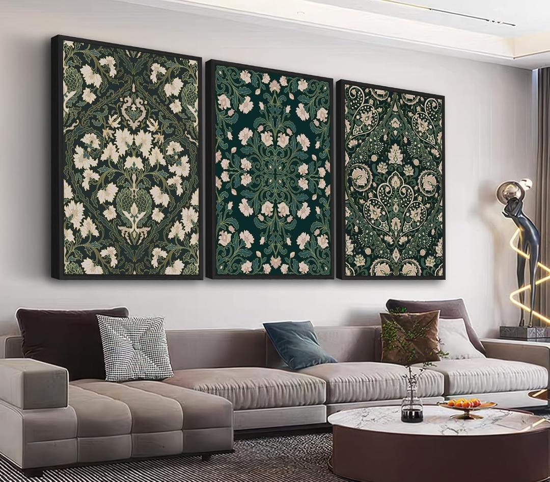 Large Framed Floral Wall Art, William Morris Pattern Wall Pictures 24"x36"x3 Dark Green Abstract Painting Prints Modern Botanical Canvas Artwork for Living Room Bedroom Home Office Kitchen Decor