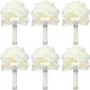Jutom 10 Pack Wedding Bouquets for Bride Roses Bridesmaid Bouquet Bridal Bouquet Flowers Wedding Hand Holding Bouquet with Diamond Soft Ribbons for Engagement Bridal Shower Church Party (Cream)