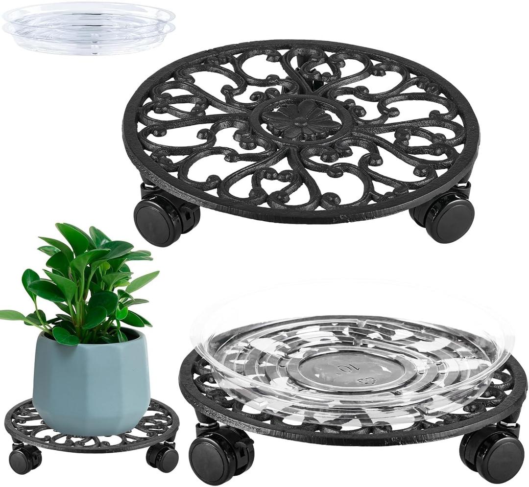 2 Packs 11 Inch Rolling Plant Stand with Wheels Wrought Iron Rolling Plant Stand with Casters Heavy Duty for Indoor Plants Rollers with Plant Saucers, Metal Round Plant Dolly (black)