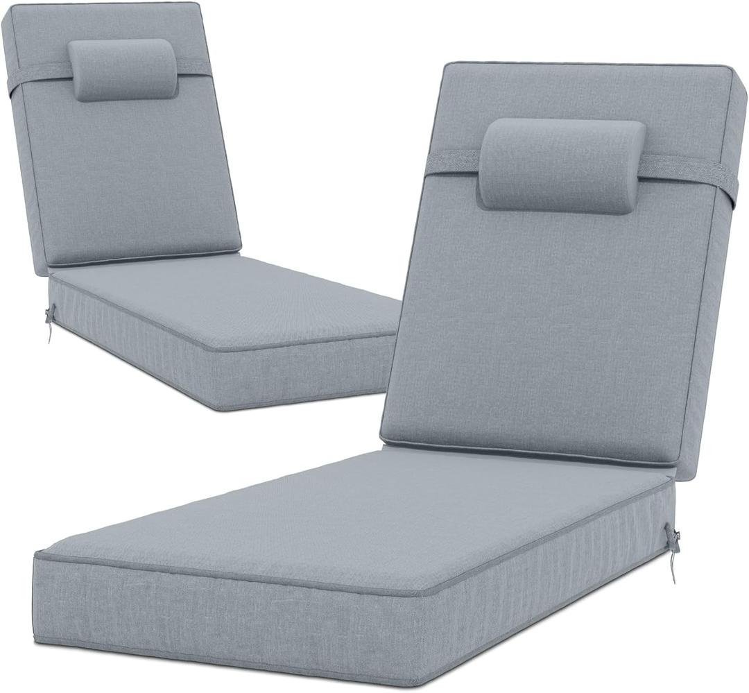 72 x 21 x 4 Inch Olefin Chaise Lounge Cushions, Lounge Chair Cushions with Headrest for Outdoor Furniture - Weather and Fade Resistant Patio Replacement Furniture Lounge Chair Cushion Set of 2 (Light Grey)
