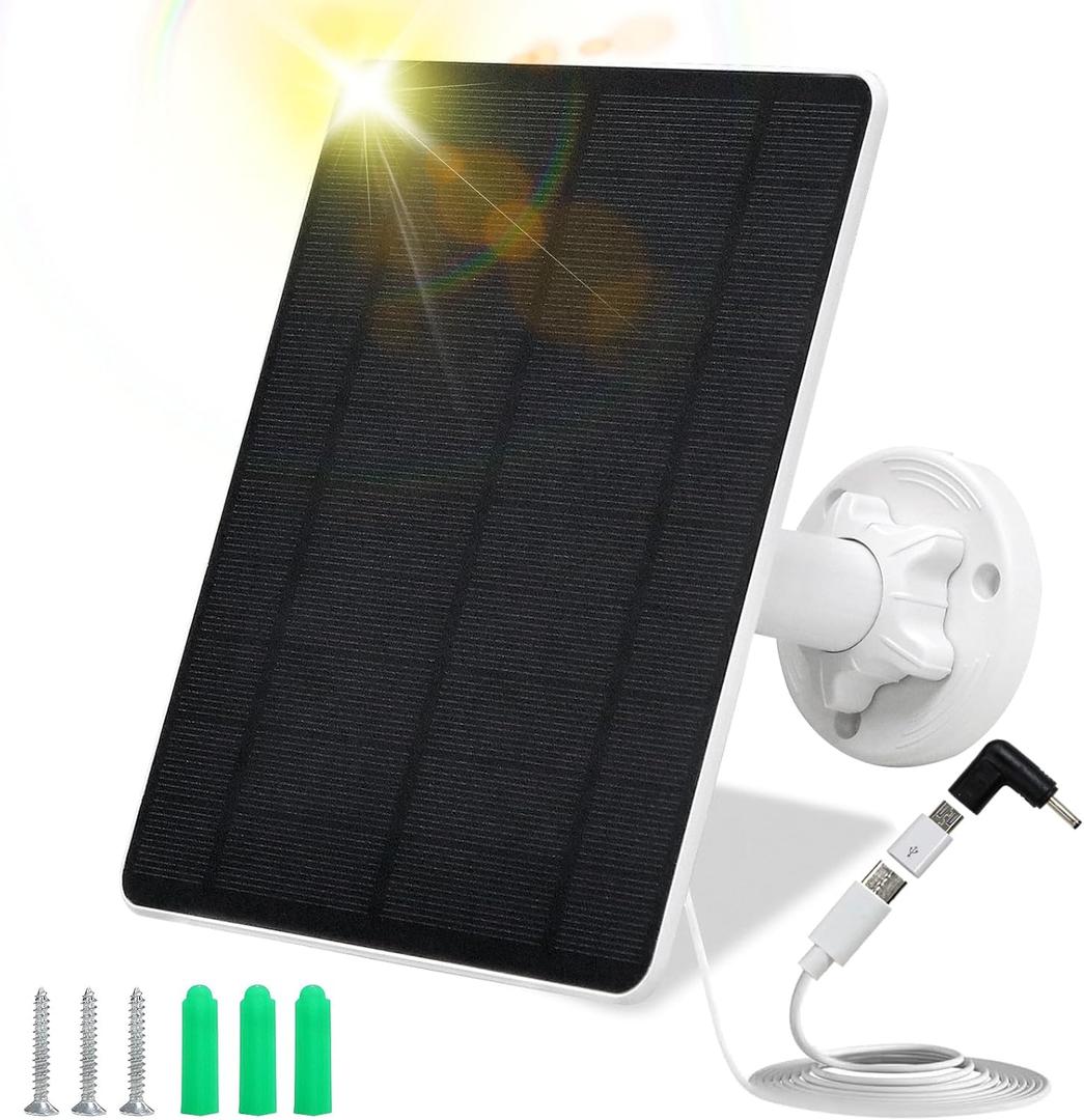 Solar Panel for Security Camera,5W USB Solar Panel for Cameras DC 5V,Camera Solar Panel Charger Micro USB & USB-C & DC,IP65 Waterproof USB Solar Panel Charger for Camera with 360Adjustable Mounting