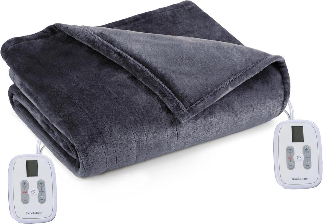 Brookstone Electric Heated Plush Blanket w/ 10 Heat Settings - Adjustable Timer, 12-Hour Auto Shut Off - Machine Washable & Dryer Safe - Polyester Velvet Blanket, Full Size 77in x 84in - Charcoal