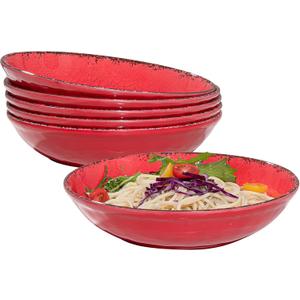 Farmhouse Melamine Pasta Bowls Set of 6, 42 OZ Large Serving Bowls Set, 9.25 inch Ramen Bowls,Wide and Shadow Rustic Red Round Dinner Bowl, Fruit bowl, Noodle Bowl, Salad Bowl Set, Red
