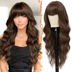 BARSDAR Long Wavy Light Chocolate Brown Wig With Bangs - 26 Inch Long Wavy Brown Wig with Bangs for Women - Thick Soft Synthetic Hair Replacement Wigs Natural Looking Daily Cosplay Party Halloween