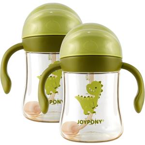 Joypony Sippy Cups for Toddlers 1-3, Spill Proof Weighted Straw Cup with Handle for Baby 6 Months + old, 2 Pack, Total 4 Silicone Straws, PPSU, BPA Free, 9 oz (Green)