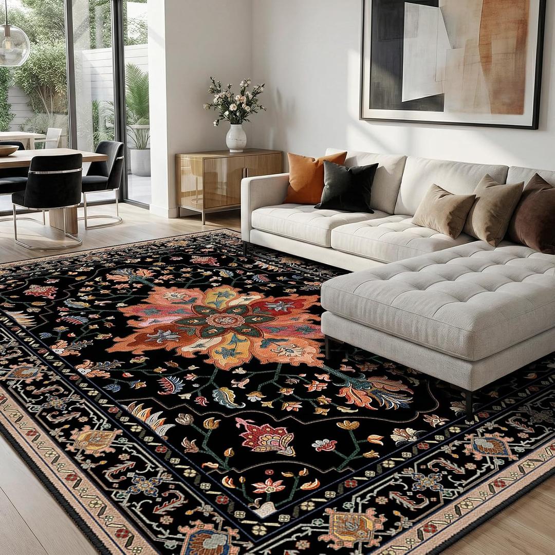 RELEANY Area Rugs 8'x10' Washable Non-Slip, Floral Vintage Distress Print Pattern Medallion Carpet for Living Room Bedroom Dining Room, Black Colorful Floral Dark Tan