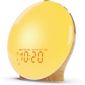 JALL Wake Up Light Sunrise Alarm Clock for Kids, Heavy Sleepers, Bedroom, White Noise Sound Machine with 17 Nihgt Lights, 25 Soothing Sounds, Bluetooth Speaker, Dual Alarms, FM Radio, Wood Grain