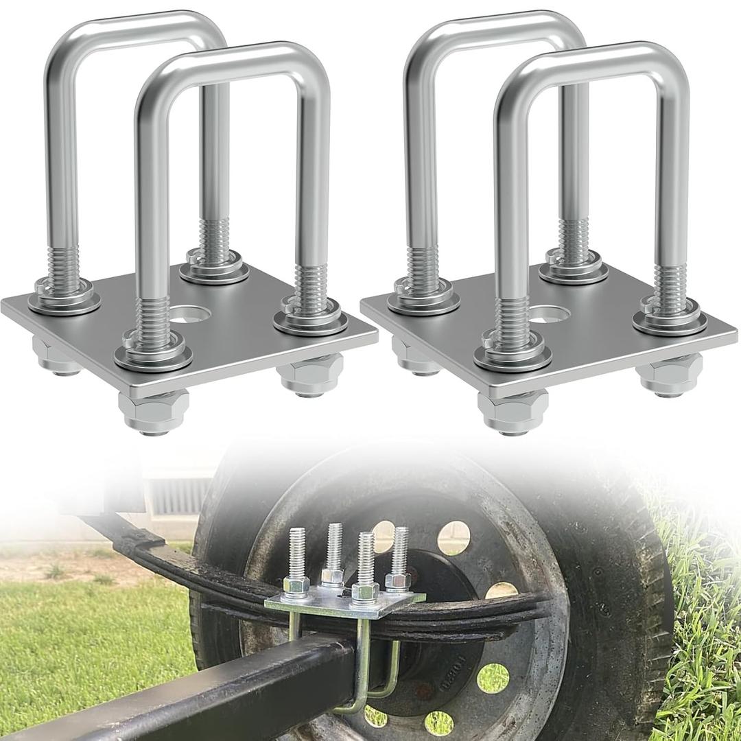 Square U-Bolt Kit for Boat Trailer Mounting Axle Leaf Springs Zinc(4 U-Bolt + 2 Plate), Heavy Duty Square U-Bolts with Nuts and Frame Plate for Trailer Automobiles Trailer, 2" W x 5" L