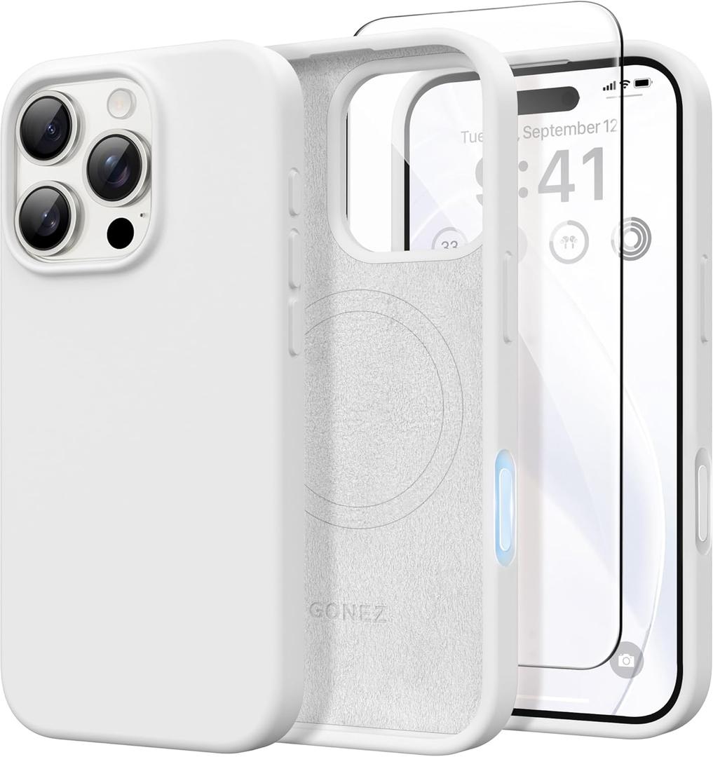 GONEZ Magnetic for iPhone 16 Pro Max Case, [Compatible with MagSafe] Anti-Scratch Microfiber Lining & Screen Protector, Silicone Camera Control, Shockproof Slim Phone Cover 6.9 inch, White