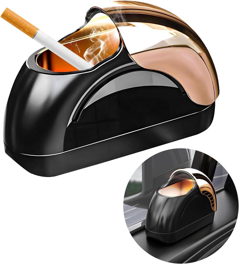 Car Ashtray with Lid, Portable Smokeless Automotive Ashtray with LED Light, Windproof, Modern Style, Black & Golden