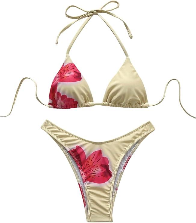 SOLY HUX Floral Print Bikini Sets for Women Halter Triangle High Cut Bathing Suit Two Piece Swimsuit L