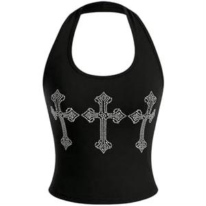 Floerns Women's Rhinestone Cross Pattern Sleeveless Halter Neck Y2k Tank Top