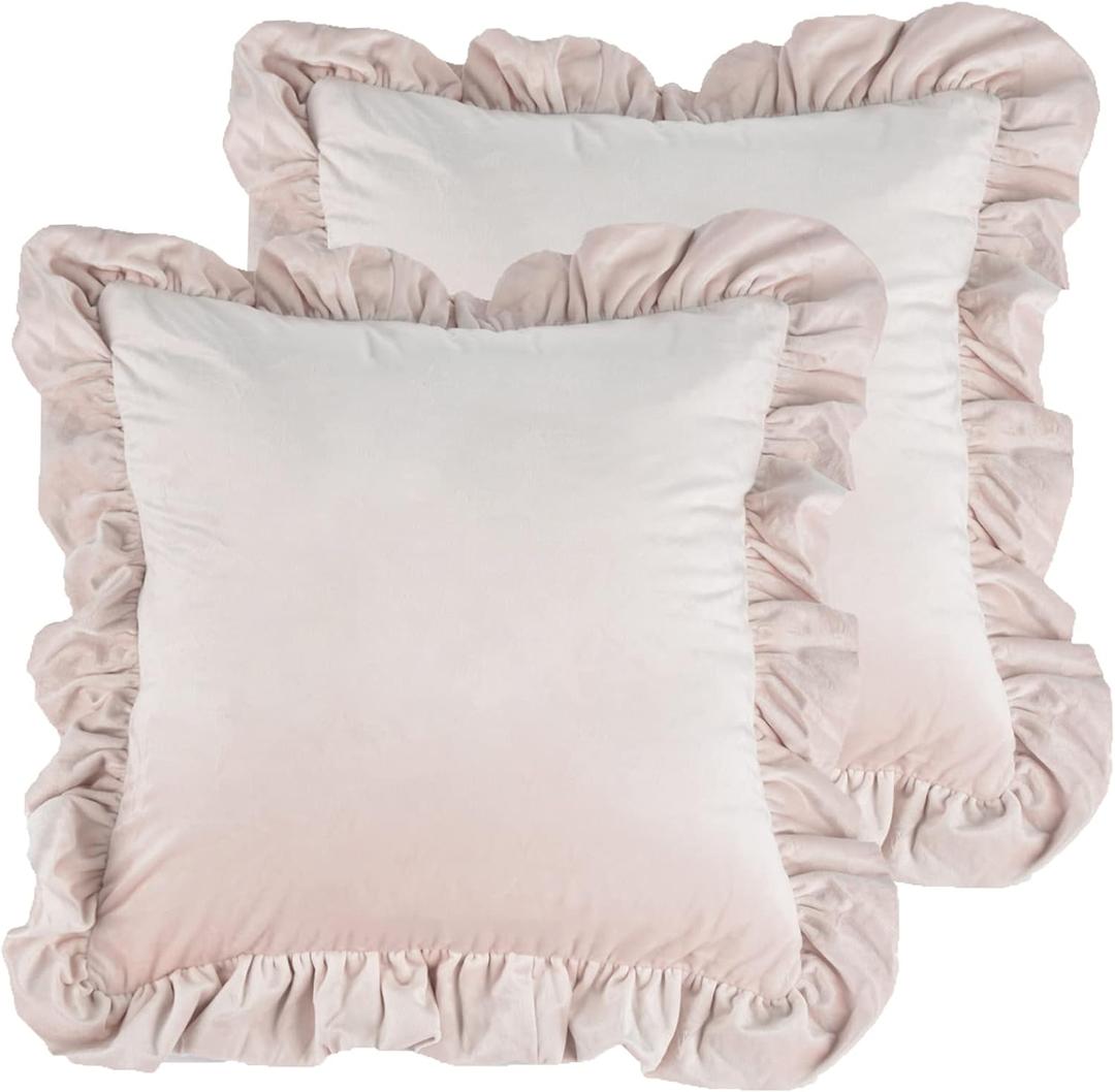 Velvet Ruffle Throw Pillow Covers Couch, Set of 2 Decorative Pillowcases with Ruffles 12x20 Inch Solid Color Shabby Chic Farmhouse Cushion Cover for Living Room Sofa Bed, Light Pink