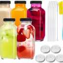 CUCUMI 5pcs 16oz Glass Juice Bottles with Lids, Reusable Juice Containers Drinking Jars Water Cups with Brush, Glass Straws, Lids with Hole