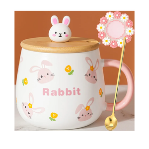Kawaii Rabbit Mugs - Ceramic Tea & Coffee Cups with Lid & Spoon, Perfect for Milk Latte, Great Gifts for Women & Girls