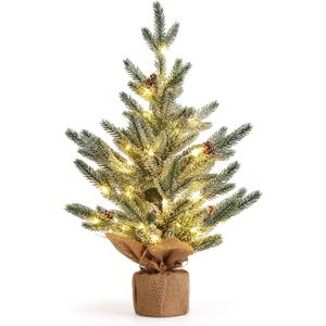 LinTimes 24 Inch Table Top Small Christmas Tree with 50 LED Lights, Prelit Mini Christmas Tree Frosted Pine Tree with Red Berries for Home Table Centerpiece Dining Room Office Desk Decorations (Green)