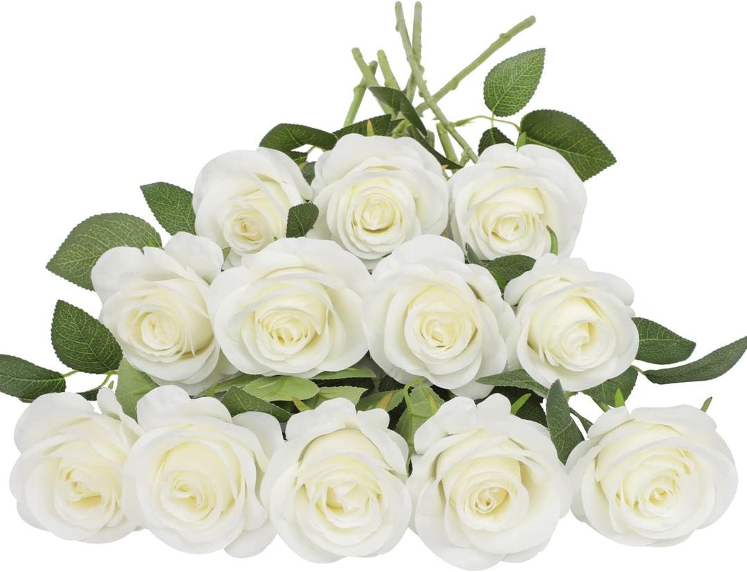 JUSMAI 12pcs Roses Artificial Flowers Ivory Silk Roses with Long Stems Fake Flowers for Wedding Bouquet Centerpices Decorations Party Bridal Baby Shower Home Decor