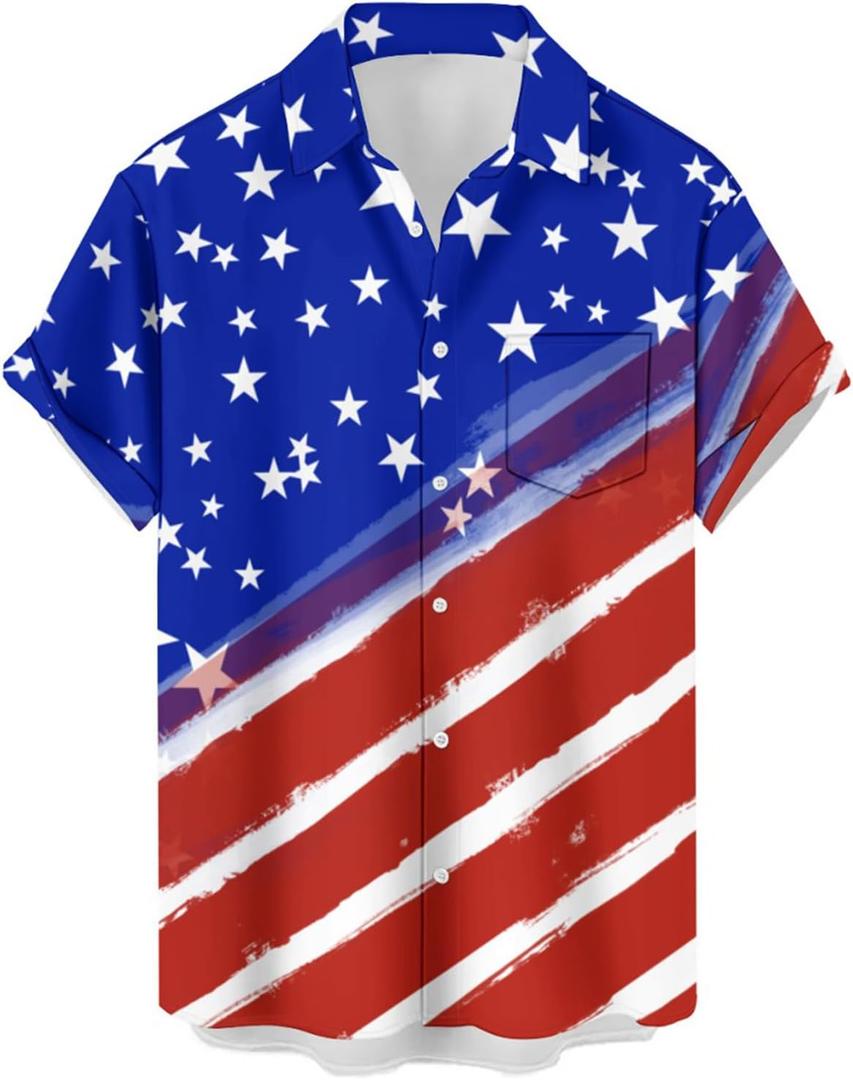 Mens Bowling Shirts, 1950s Hawaiian Vintage Button Down Short Sleeve Shirts Summer Casual Holiday Beach Shirts (Medium, Blue Red American Flag)