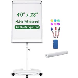 Mobile Dry Erase Board, 40x28 inches Magnetic Portable Whiteboard Stand Easel White Board with 25 Sheets Paper Pad, Height Adjustable Flipchart Easel Board for School, Office, Home