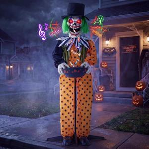 JOYIN 55" Halloween Animatronic Clown Trick-or-Treat Decor, Sound Activated Life-Size Prop with Candy Spitting Action, Animated Skeleton Clown with Bowl, Scary Haunted House Props for Garden Yard Lawn