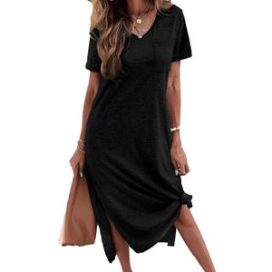Dyexces Women Summer T Shirt Dress Casual Short Sleeve T Shirts V Neck Maxi Dresses Loose Tshirts Side Slit Long Tshirt Midi Dress with Pockets B-Black XL