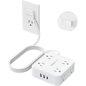 TESSAN 10 Ft Flat Plug Extension Cord with Multiple Outlets, Surge Protector Power Strip with 3 USB(1 USB C) 8 Outlets, 900J Protection, Desk Charging Station for Home, Dorm Room Essentials, White