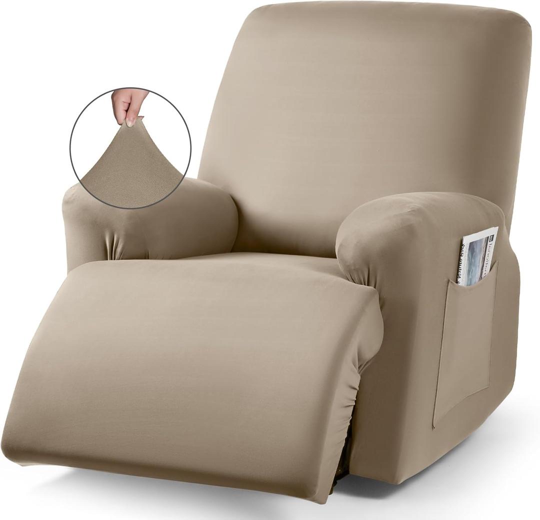 TAOCOCO Recliner Chair Covers Stretch Polyester Fabric 3-Piece for Large Recliners, Soft, Breathable and Skin-Friendly Furniture Protector - Fits Most Recliner Sizes (Taupe)