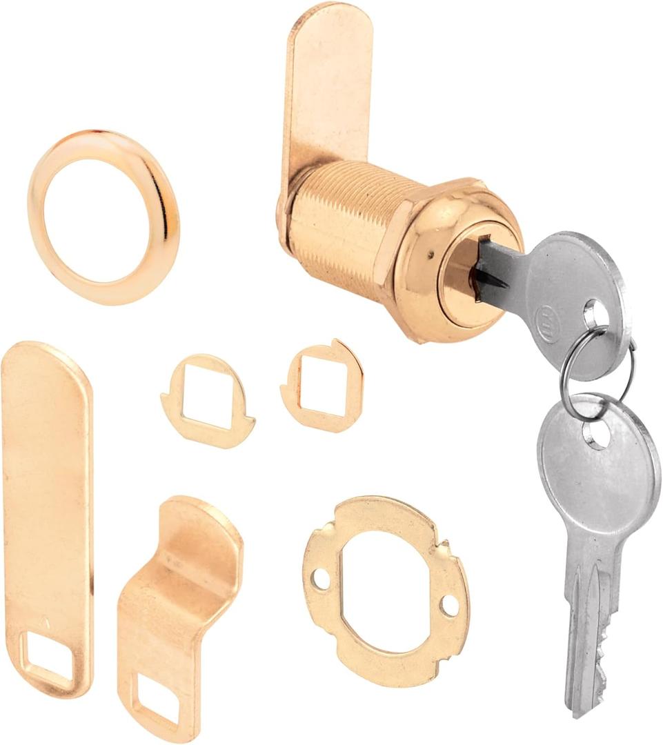 Prime-Line U 9946 Drawer and Cabinet Lock Secure Important Files and Drawers, 1-1/8 in., Diecast Housing with Brass Finish, Fits on 13/16 in. Max Panel Thickness (1 Kit)