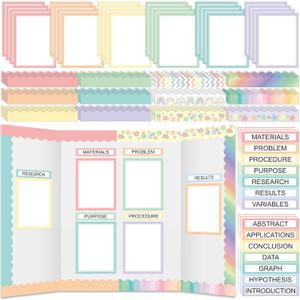 90 Pcs Science Fair Board Supplies 60 Trim Scalloped Bulletin Board Borders 24 Presentation Board Subtitles 6 Science Fair Titles for Classroom Display Boards (Pastel)
