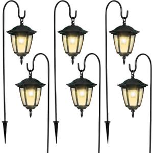 Dynaming 6 Pack Solar Hanging Lights Outdoor, Solar Powered Garden Decorative Lanterns with 6 x 38 Inch Shepherd Hooks, Waterproof Landscape Lighting for Lawn Patio Yard Pathway Driveway, Warm White