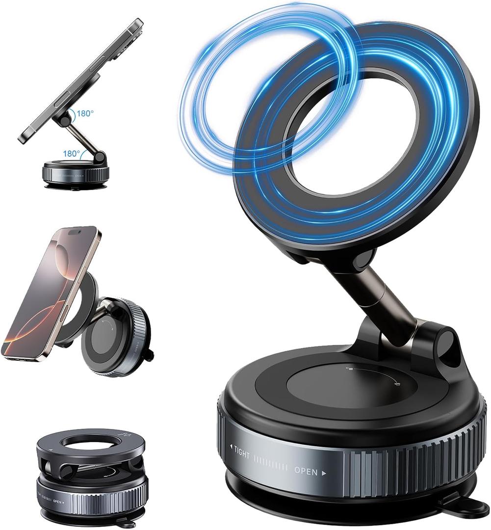 Vacuum Suction Magnetic Phone Holder for Car with 360 Degree Rotation, Handsfree Magnetic Phone Holder Mount for Smooth Surface,Foldable and Retractable Phone Holder for All Phones,Black