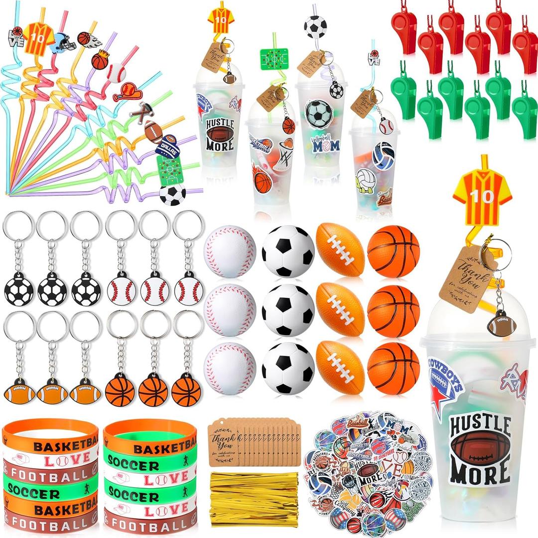 Weysat 184 Pcs Sport Party Favors Party Goodie Bag Fillers Cup Straw Stress Ball Keychain Sticker Wristband Whistle Thank You Tags for Birthday Decorations (Sports Style)
