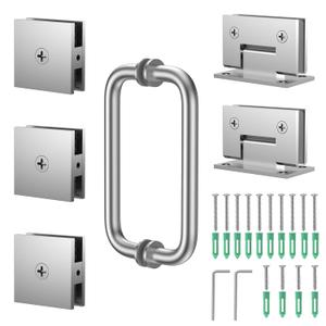 Shower Door Hardware Kit 304 Stainless Steel for 6/25"-1/2" (6mm-12mm) Tempered Glass, Hardware Accessories with 8" Handles Hinges Glass Clamp - Brushed Silver