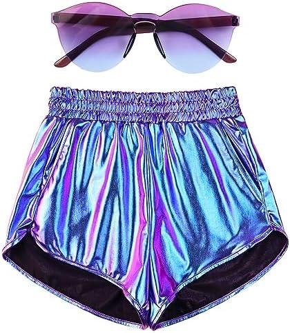 Mirawise Women's Metallic Shorts Summer Yoga Hot Shiny Sparkly Outfit Short Pants with Sunglasses M