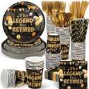 218 Pcs Retirement Party Decorations for Men Women the Legend Has Retired Decoration Disposable Tableware 7 Inch 9 Inch Happy Retirement Party Plates Napkin Knives Fork Spoon for 24 Guest(Black Gold)