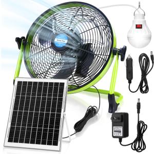 12" Solar Rechargeable Floor Fan, 15000mah 20w Battery Powered Fan with Solar Panel & Ac Adapter Charging, 3-in-1 Camping Ventilador and Light for Outside Home Patio Garage Chicken Coop Greenhouse